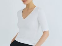 Футболка в рубчик с V-вырезом, Белый