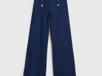 Широкие джинсы высокой посадки с декоративными пуговиицами, Синий