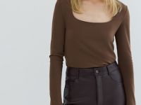 Лонгслив с квадратным вырезом, Коричневый