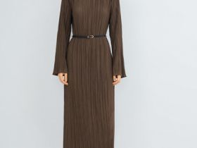 Трикотажное платье с ремнём, Коричневый