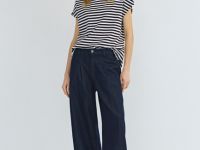 Футболка в полоску со спущенным плечом, Коричневый