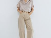 Сатиновая блузка с коротким рукавом, Бежевый