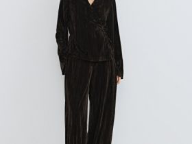 Блузка из жатого бархата с поясом, Коричневый