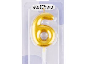 Свеча для торта с держателем MESHU "Цифра 6", 6 см, золотая, блистер