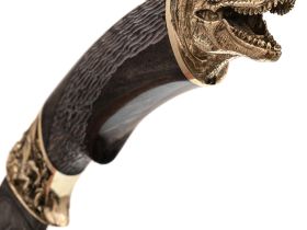 Кованый нож Юрский, дамасская сталь, рукоять карельская береза, художественное травление