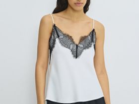 Сатиновый топ с кружевом, Белый