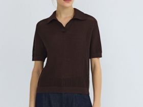 Джемпер поло из ажурной пряжи, Коричневый
