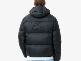 Мужской короткий влагоотталкивающий и ветроустойчивый пуховик Lacoste с капюшоном