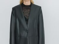 Однобортный жакет из искусственной кожи, Черный