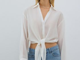 Блузка из вискозы с узлом-завязкой, Белый