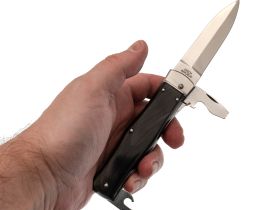 Выкидной многопредметный нож Mikov Predator, сталь 420, рукоять рог буйвола, кожаный чехол