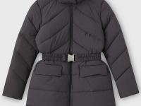 Стеганый пуховик с поясом и капюшоном