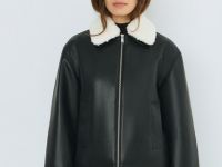 Утеплённая куртка из искусственной кожи с меховым воротником, Черный