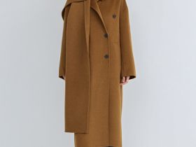 Двубортное пальто из шерсти с шарфом, Желтый