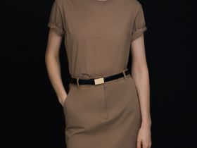 Прямая юбка миди из хлопка, Бежевый