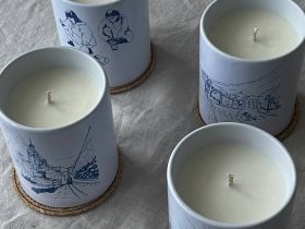 Свеча в керамическом стакане с авторским рисунком "Панелька", аромат Море