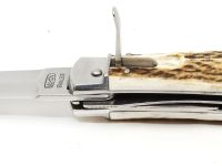 Автоматический многофункциональный нож Mikov Predator, сталь 420, рукоять рог оленя, чехол из кожи