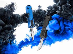 Фронтальный автоматический нож Boker Micro USB OTF, сталь D2, рукоять алюминий, синий