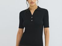 Джемпер в рубчик с воротником-поло, Черный