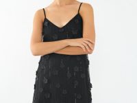 Платье с пайетками и декором в виде цветов, Черный