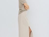 Трикотажная прямая юбка миди, Бежевый