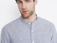 Рубашка из смесового льна с воротником мао, Синий