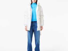 Женский короткий пуховик Lacoste с поясом и высоким воротом