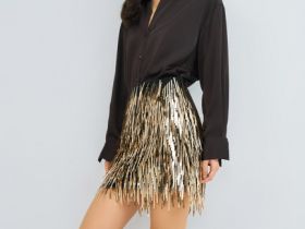 Мини-юбка с длинными пайетками, Золотой