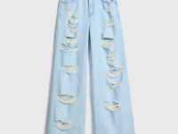 Широкие джинсы с рваным дизайном, Голубой