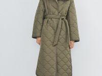 Длинное стёганое пальто с поясом, Желтый