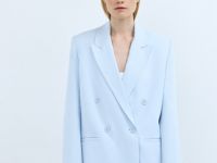 Двубортный льняной жакет, Голубой