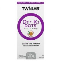 Twinlab, D3 Dots + K2, полностью натуральный мандарин, 1000 МЕ (25 мкг), 60 таблеток