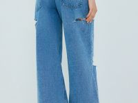 Широкие джинсы с рваным дизайном, Голубой