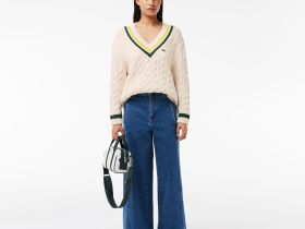 Женский вязаный свитер Lacoste c V-образным вырезом