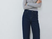 Свободные жатые джинсы с высокой посадкой, Синий