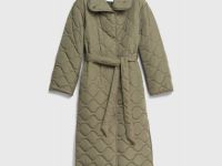 Длинное стёганое пальто с поясом, Желтый