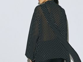 Блузка из шифона с рукавом разрезом и бантом, Черный