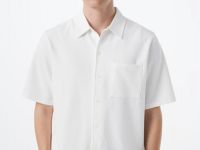 Трикотажная рубашка из фактурного полотна с коротким рукавом, Белый