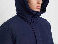 Пуховое полупальто с накладными карманами и капюшоном