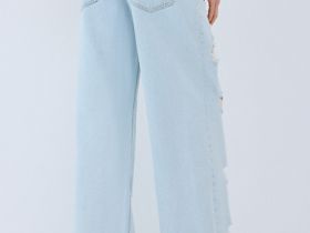 Широкие джинсы с рваным дизайном, Голубой
