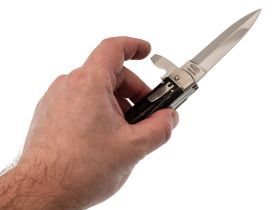 Выкидной многопредметный нож Mikov Predator, сталь 420, рукоять рог буйвола, кожаный чехол