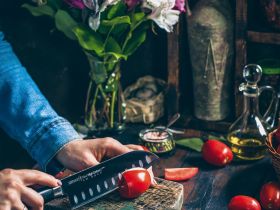 Нож кухонный Samura Mo-V Сантоку - SM-0094, сталь AUS-8, рукоять G10, 180 мм