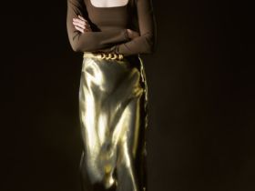 Юбка из ткани с эффектом жидкого золота, Золотой