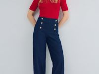 Широкие джинсы высокой посадки с декоративными пуговиицами, Синий