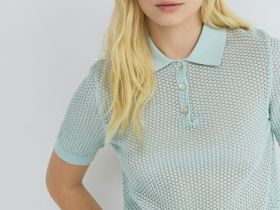 Джемпер поло из ажурной пряжи, Зеленый