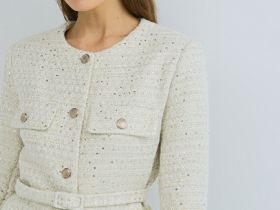 Твидовый однобортный жакет с поясом, Бежевый