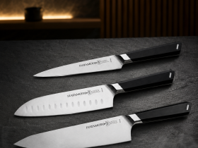 Набор из 3-х кухонных ножей Hatamoto Kaizen 127/185/203 мм, сталь AUS-8, рукоять ABS-пластик, черный