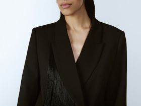 Двубортный жакет с отделкой из бахромы, Черный