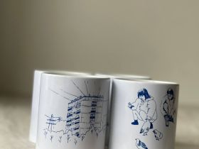 Свеча в керамическом стакане с авторским рисунком "Девочки и голуби", аромат Янтарь и слива