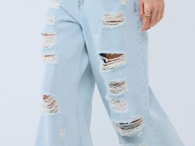 Широкие джинсы с рваным дизайном, Голубой